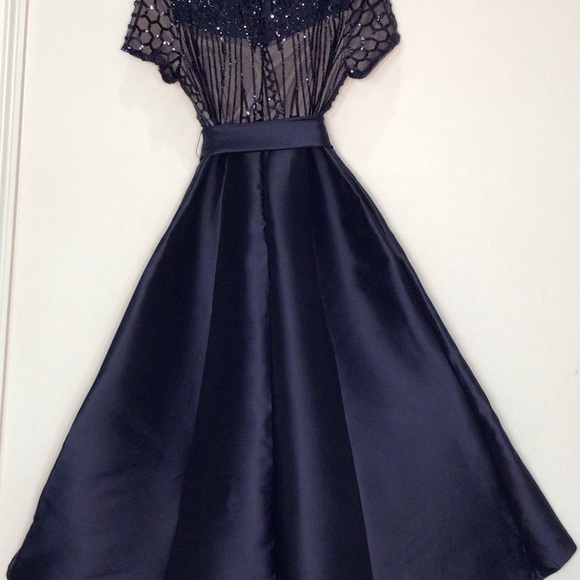 R&M Richards Blue Sequin Embellished Asymmetrical front design Midi Gown Size 12 - Picture 3 of 7